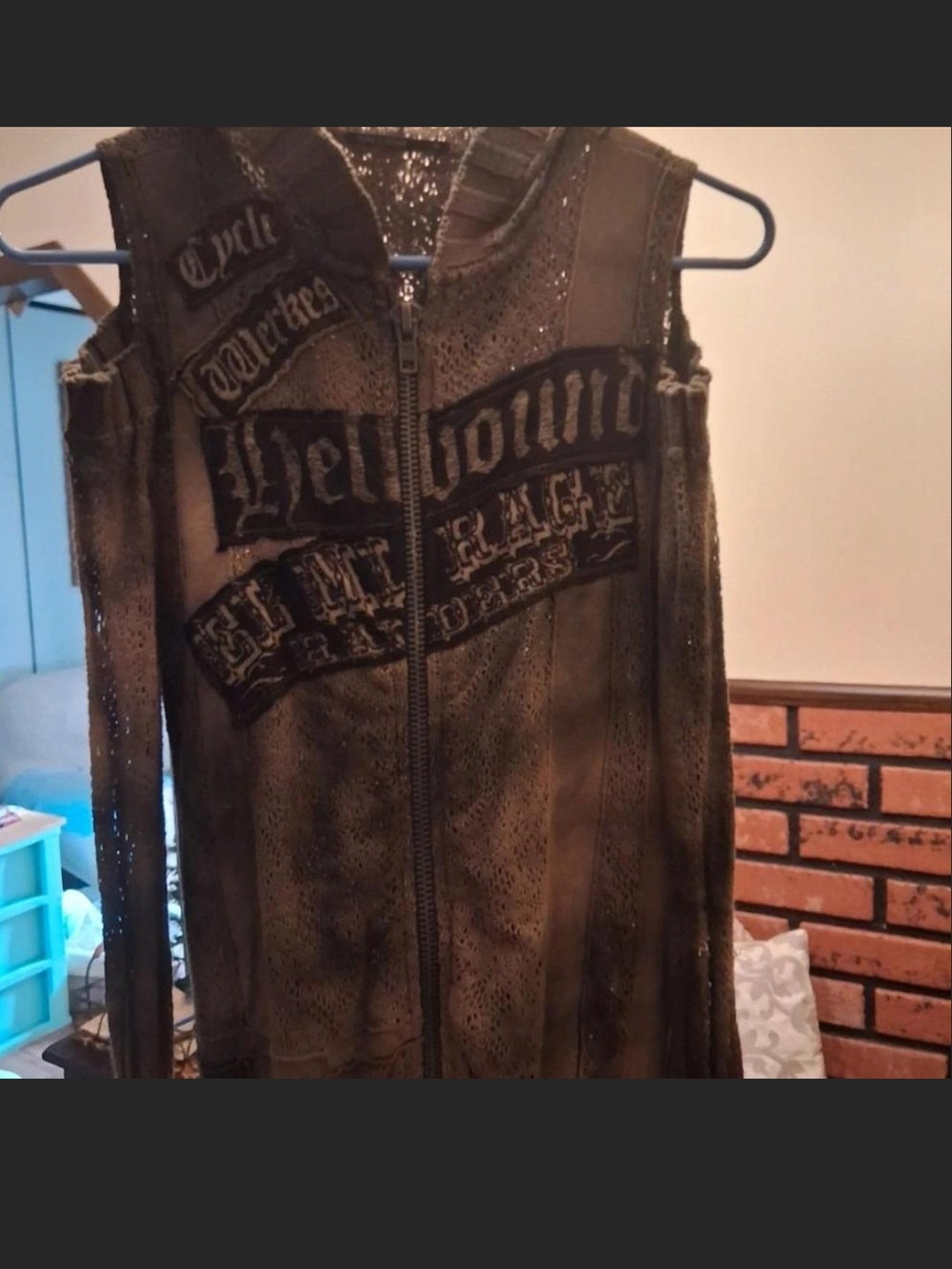 Salvage 'Hellbound' Hooded Crochet Like Brown Cold Shoulder Zip-Up Jacket. M